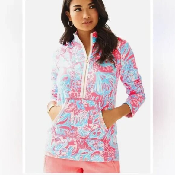 Lilly Pulitzer Pink Sun Ray Summer Siren Zipper Skipper Popover, Size XS - Picture 1 of 6